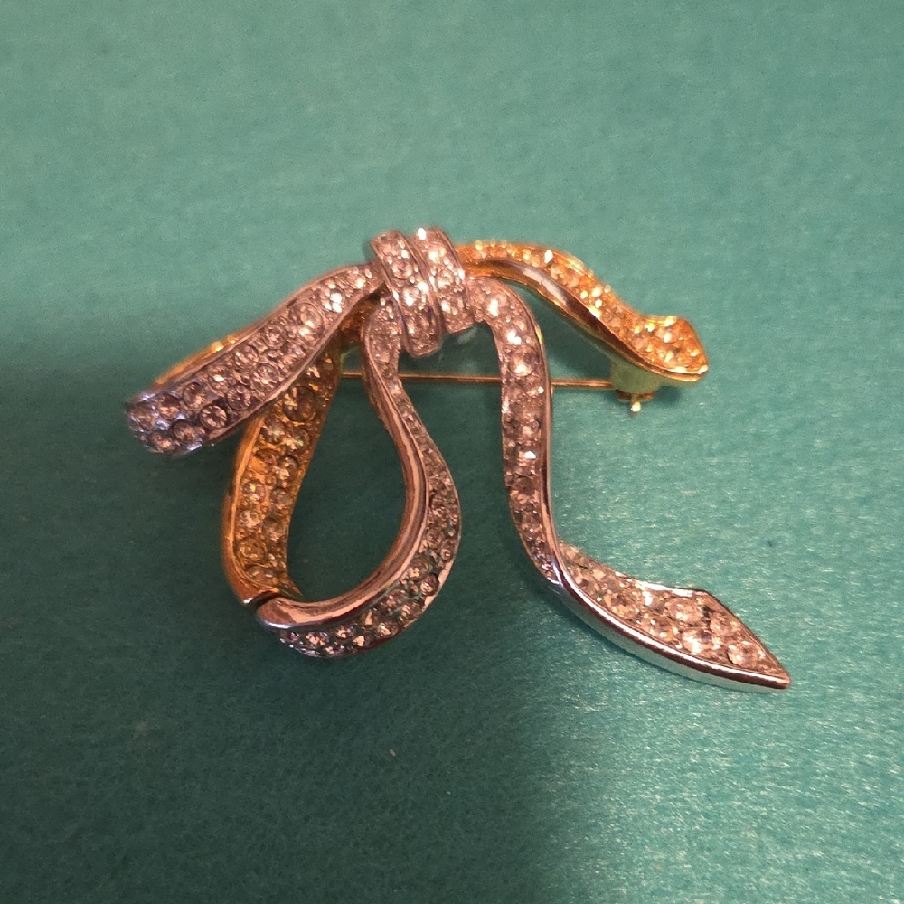 Crystal Ribbon Bow Brooch in Gold and Silver Tone